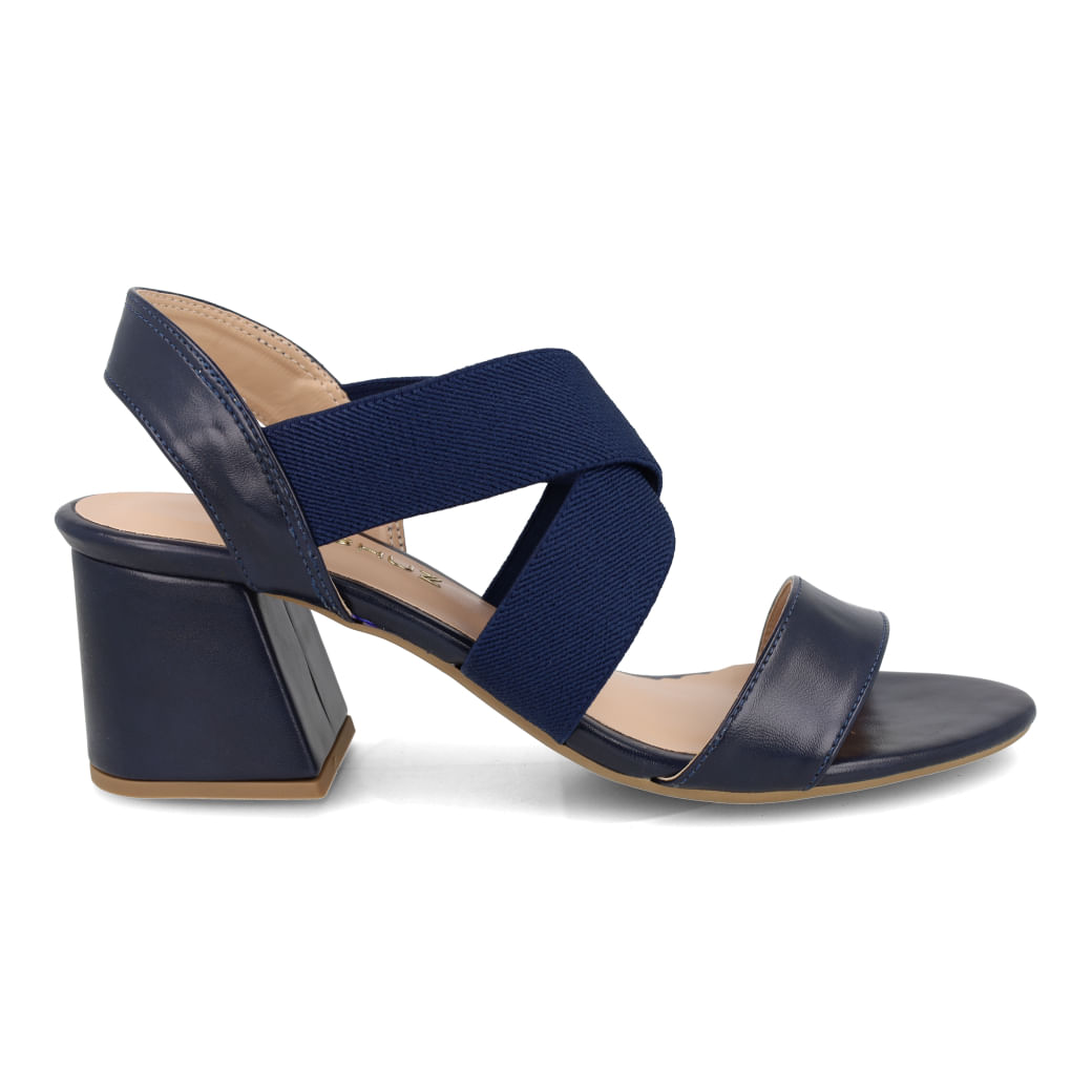 Sandália feminina azul marinho com tiras cruzadas e salto bloco vista frontal